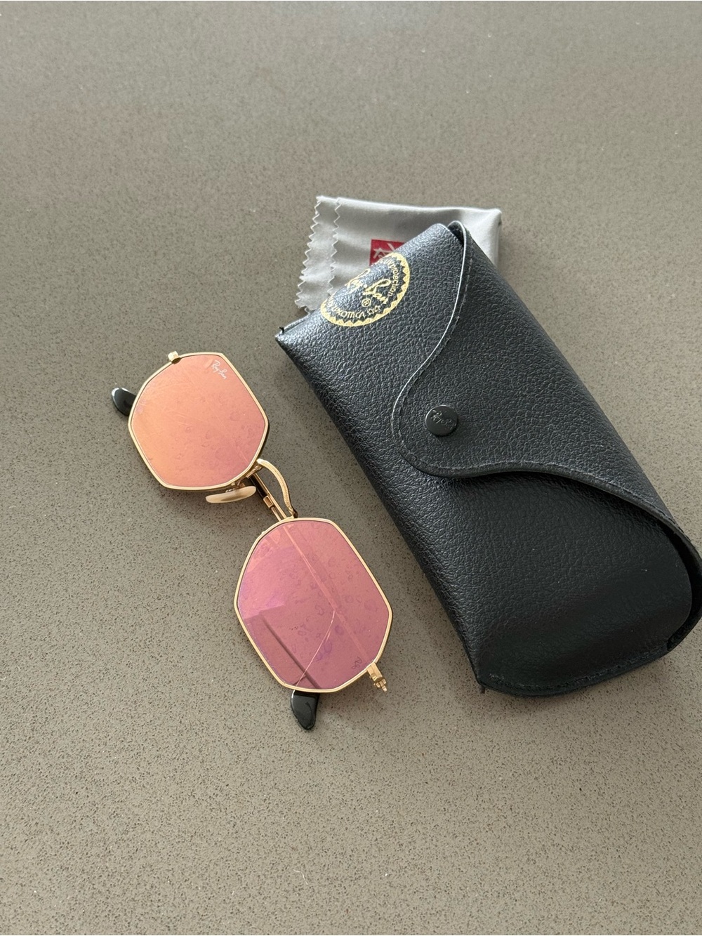 Ray-Ban Gold Frame Pink Lens Octagon Sunglasses